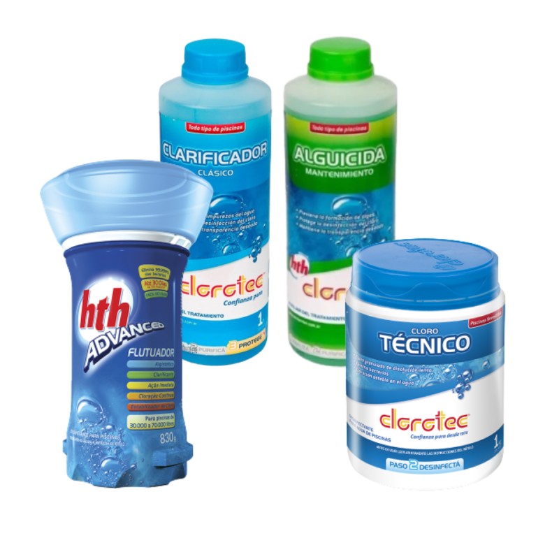 KIT CLOROTEC: Boya HTH - Clarificante - Alguicida - Cloro Técnico-hidrofil-piscinas-piletas